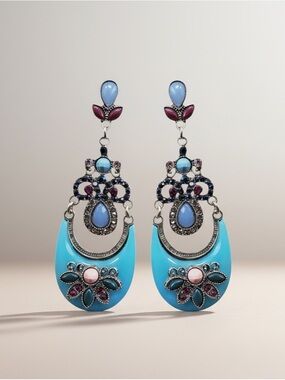 Pastel Blue Boho Statement Earrings – Turquoise Enamel Drop Earrings